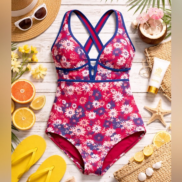 Adore Me Other - Adore Me Floral One-Piece Swimsuit Women’s 3X Pink Blue Crisscross Back
